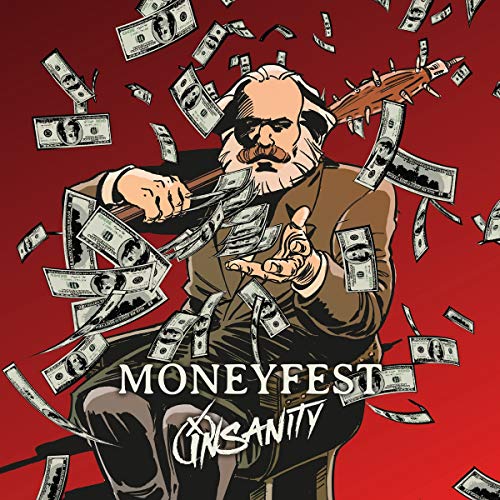 A cartoon Karl Marx holding a spiked club surrounded by falling dollar bills on red.