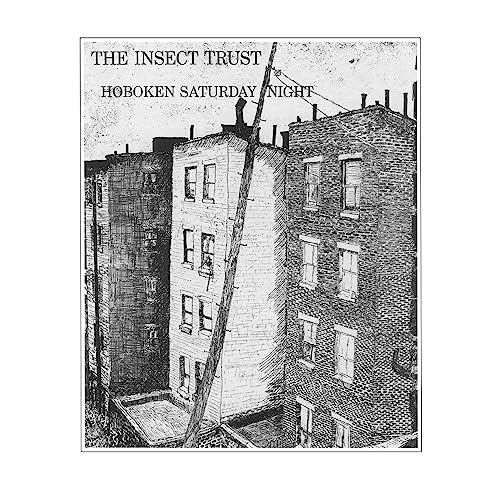 Black and white sketch of buildings with a utility pole, album cover.