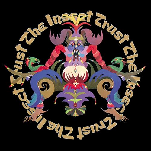 Colorful, symmetrical insect-creature illustration within a circular black background.