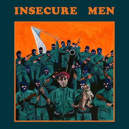 Painting of masked soldiers in green uniforms holding rifles with a small tiger cub.
