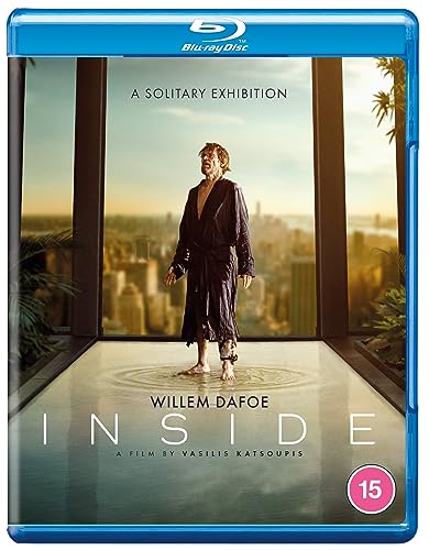 Blu-ray cover of Inside featuring Willem Dafoe in a robe standing in water.