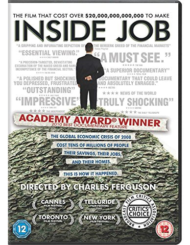 Inside Job" DVD cover: man on money pile, 2010 Academy Award winner.