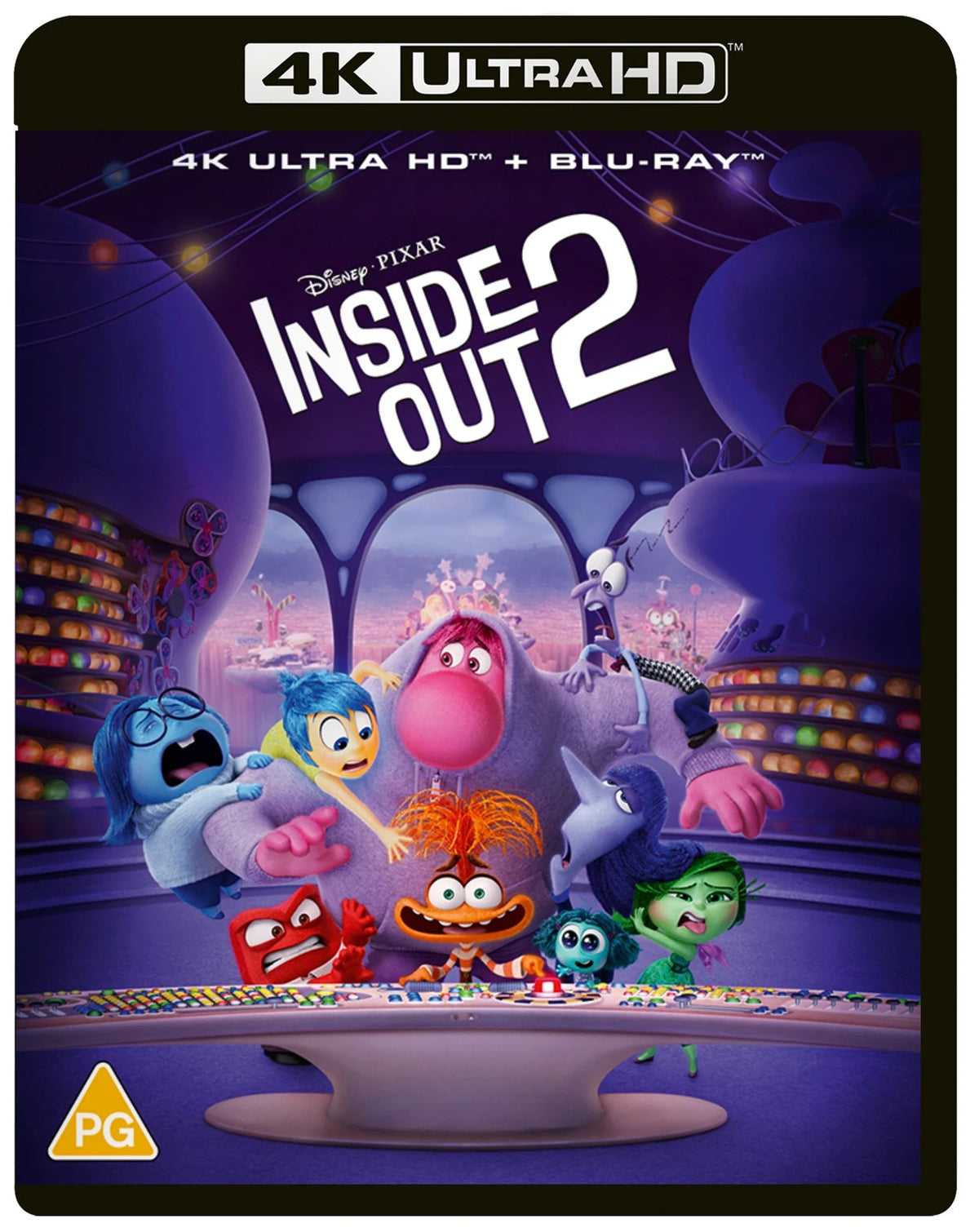 Inside Out 2 Blu-ray cover with colorful emotional characters and a purple background.
