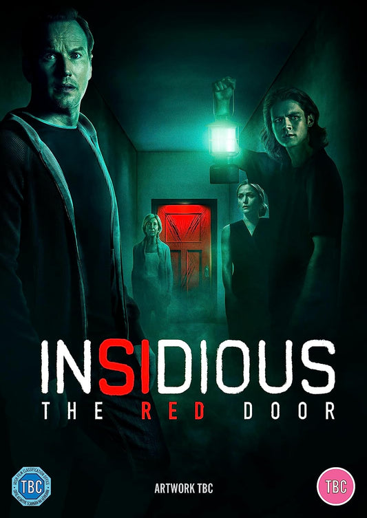 "Movie cover for 'Insidious: The Red Door' featuring a family and a red door."