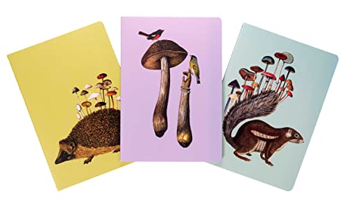 Three notebooks with illustrated fungi, animals, and colorful backgrounds.