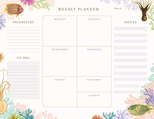 Open weekly planner page with coral, fish, and space for notes.
