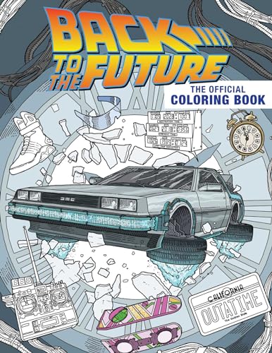 Line art of the Back to the Future DeLorean surrounded by movie icons.