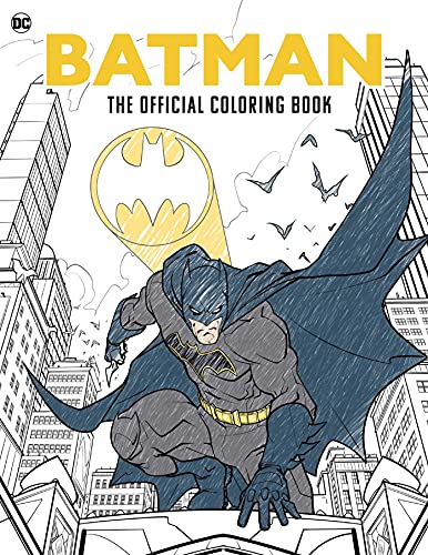 Batman coloring book cover featuring the superhero poised on a rooftop.