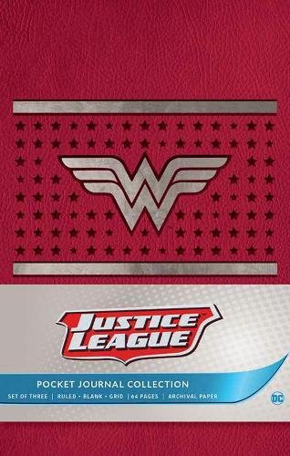 Red leather-textured journal cover featuring the Wonder Woman logo and Justice League branding.