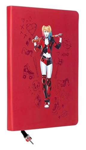Red journal featuring Harley Quinn with a baseball bat and doodle-style background illustrations.