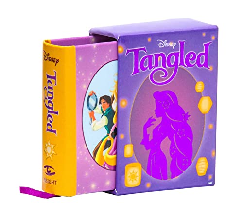 Tiny book with purple cover featuring Rapunzel and Flynn Rider.