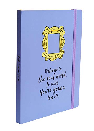 Purple "Friends" notebook with yellow frame and quote, elastic closure.