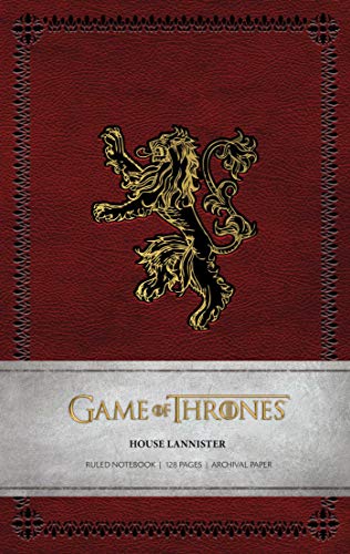 Red notebook with gold Lannister lion emblem and "Game of Thrones" text.