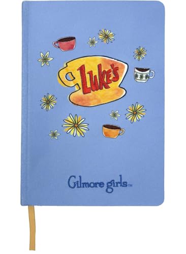 Blue journal with embroidered "Luke's" diner and coffee cups design.