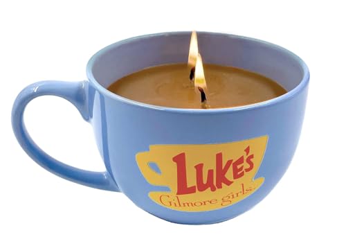 Light blue coffee mug candle with two flames and a Luke's Diner logo.