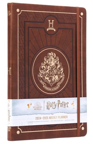 Brown Harry Potter planner with Hogwarts crest and 2024-2025 dates.