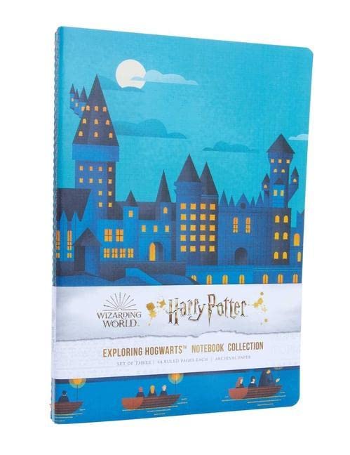 Blue Harry Potter notebook depicting Hogwarts castle and boats.