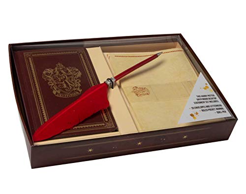 Harry Potter Gryffindor stationery set containing a journal, envelopes, letterhead, and a red quill pen.
