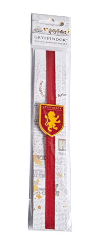 Red Gryffindor elastic bookmark with a golden lion crest, in packaging.