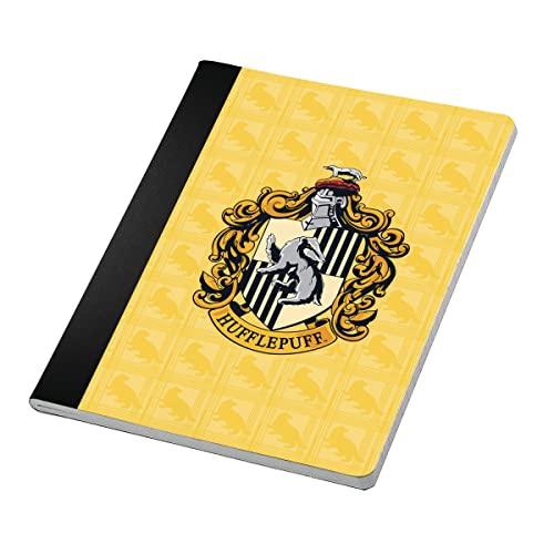 Yellow notebook with a black spine and Hufflepuff house crest on the cover.