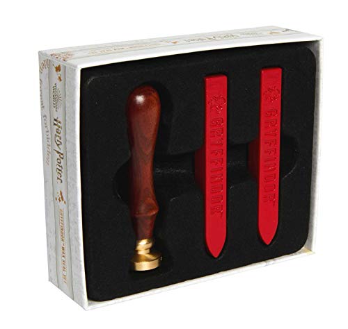 Gryffindor wax seal set with wooden handle, red seals, and box.