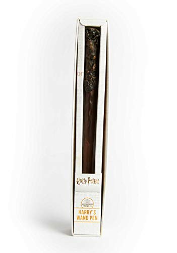 Brown wand-shaped pen in white cardboard packaging, Harry Potter branding.