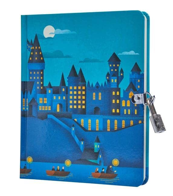 Blue diary featuring Hogwarts castle at night with a metal lock and key.