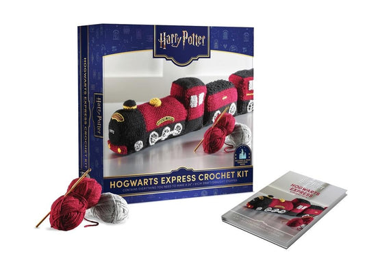 Crochet kit to make a red and black Hogwarts Express draft stopper.