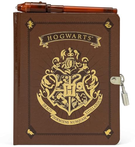 Brown Hogwarts diary with lock, key, and an invisible ink pen.