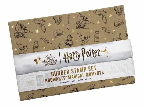 Harry Potter rubber stamp set in a brown box with magical icon pattern.