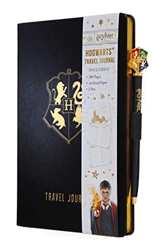 Black Harry Potter travel journal with crest and accompanying pen.