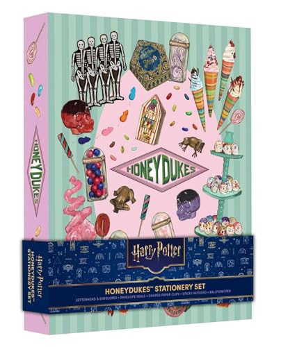 Harry Potter Honeydukes stationery set box decorated with colorful candy illustrations on a striped background.