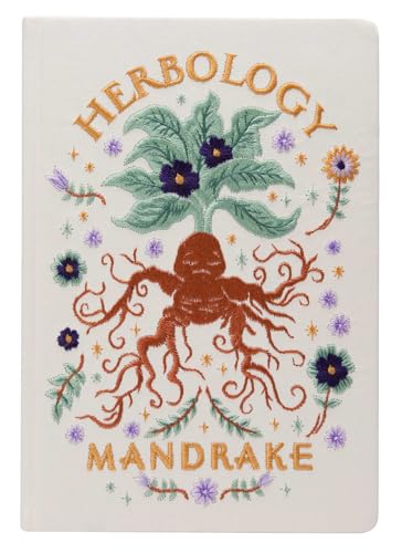 Cream journal cover with embroidered Mandrake plant and “Herbology” text.