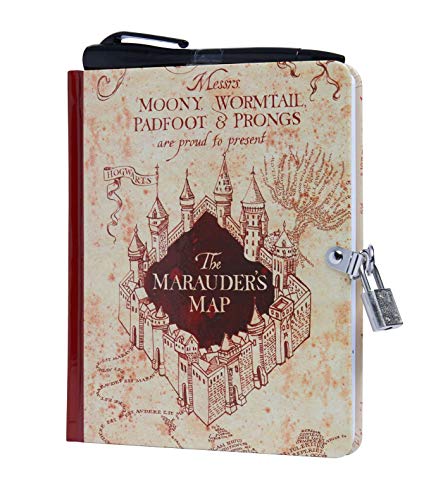 Locked diary resembling the Marauder’s Map from Harry Potter, with Hogwarts illustration.