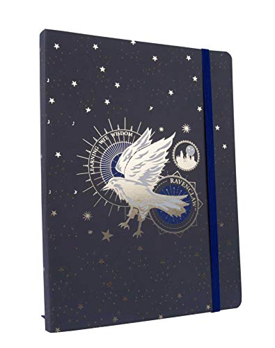 Dark blue notebook with silver eagle and constellation design, blue elastic band.