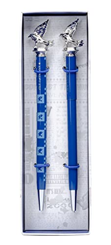 Two blue Harry Potter Ravenclaw pens with silver eagle toppers in a display box.