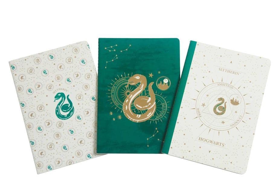 Three Slytherin-themed notebooks featuring green and white covers with gold and green snakes.