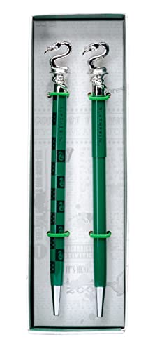 Two green Slytherin pens with silver snake toppers in a display box.