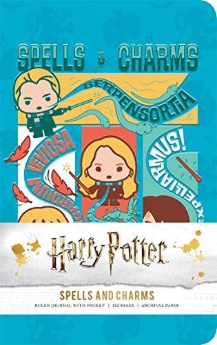 Harry Potter journal cover with cartoon characters and spell names.