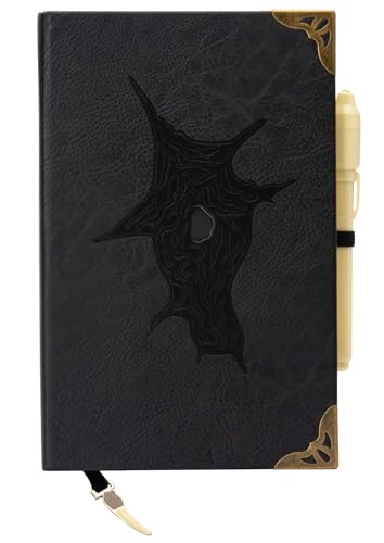 Black leather-textured journal with a central hole, gold corner accents, and a side pen.
