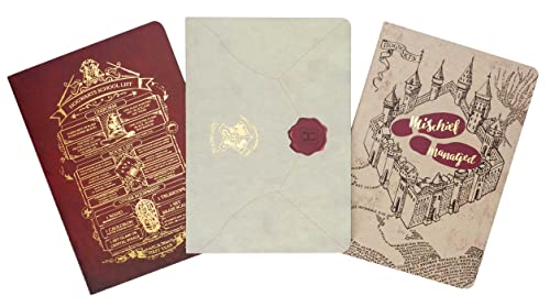 Three Harry Potter themed notebooks: Hogwarts letter, crest, and castle.