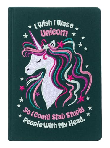 Dark green journal with embroidered white unicorn and colorful mane.
