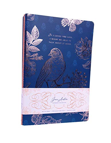 Dark blue notebook with gold bird illustration and pink band.