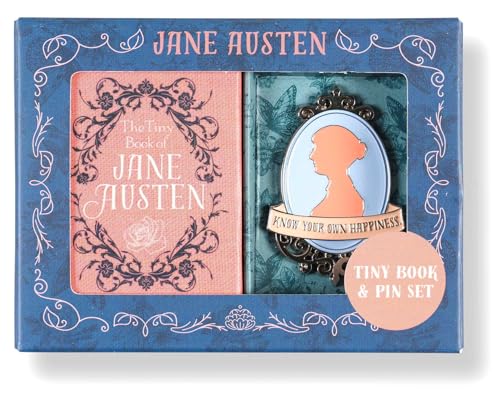 Tiny book of Jane Austen and silhouette cameo pin set in box.