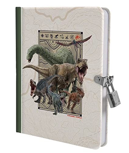Jurassic World diary with dinosaur illustrations, a topographic map background, and a metal padlock.