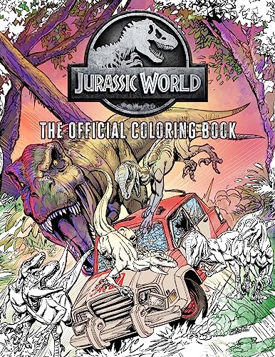 Jurassic World coloring book cover featuring a T. rex and raptors attacking a vehicle.