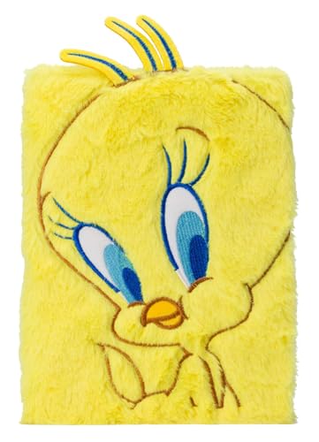 Yellow plush journal cover featuring an embroidered Tweety Bird face with 3D hair tufts.