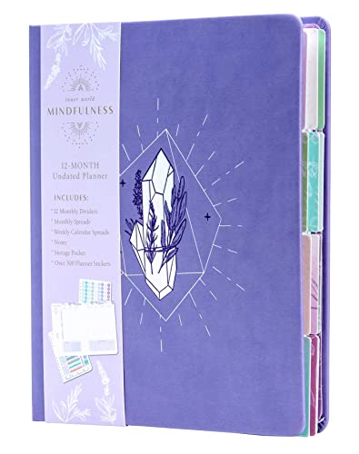 Purple mindfulness planner with crystal illustration and sticker samples.
