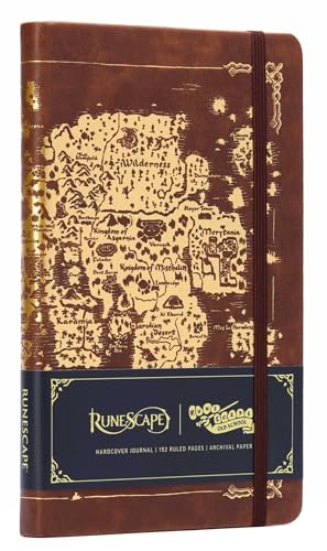 Brown hardcover journal with a RuneScape map design and elastic closure.