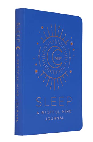 Blue journal with a crescent moon and sunburst design, titled "Sleep.